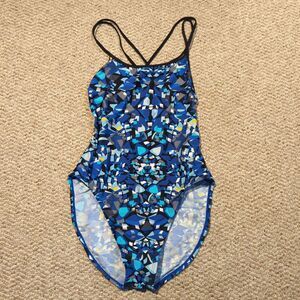 Nike Shattered Glass Swimsuit One Piece Womens 10 Blue Geometric Swimwear Pool